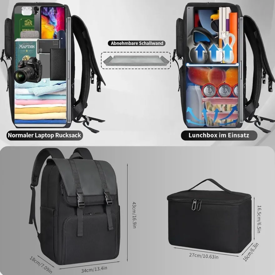 Bertasche Lunch Rucksack, 2-in-1 Arbeitsrucksack mit isolierter Kühltasche für