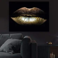 Bild Schlafzimmer Erotik | Wohnzimmer Bild | Goldene Lippen | XXL Wandbild |