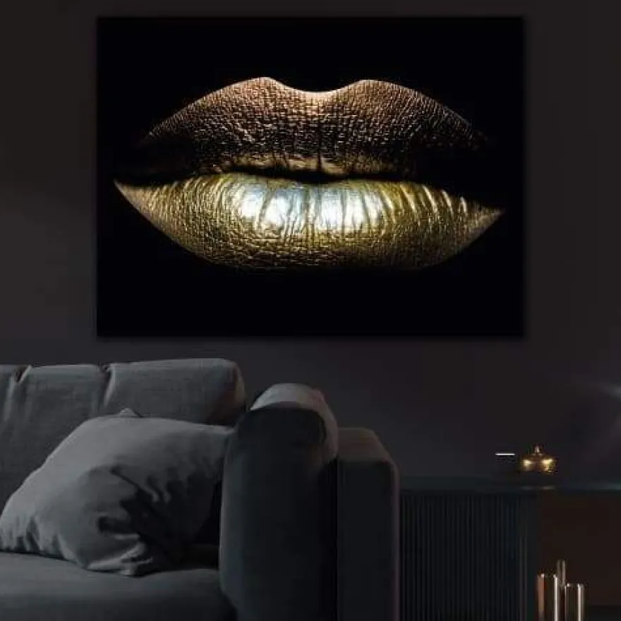 Bild Schlafzimmer Erotik | Wohnzimmer Bild | Goldene Lippen | XXL Wandbild |
