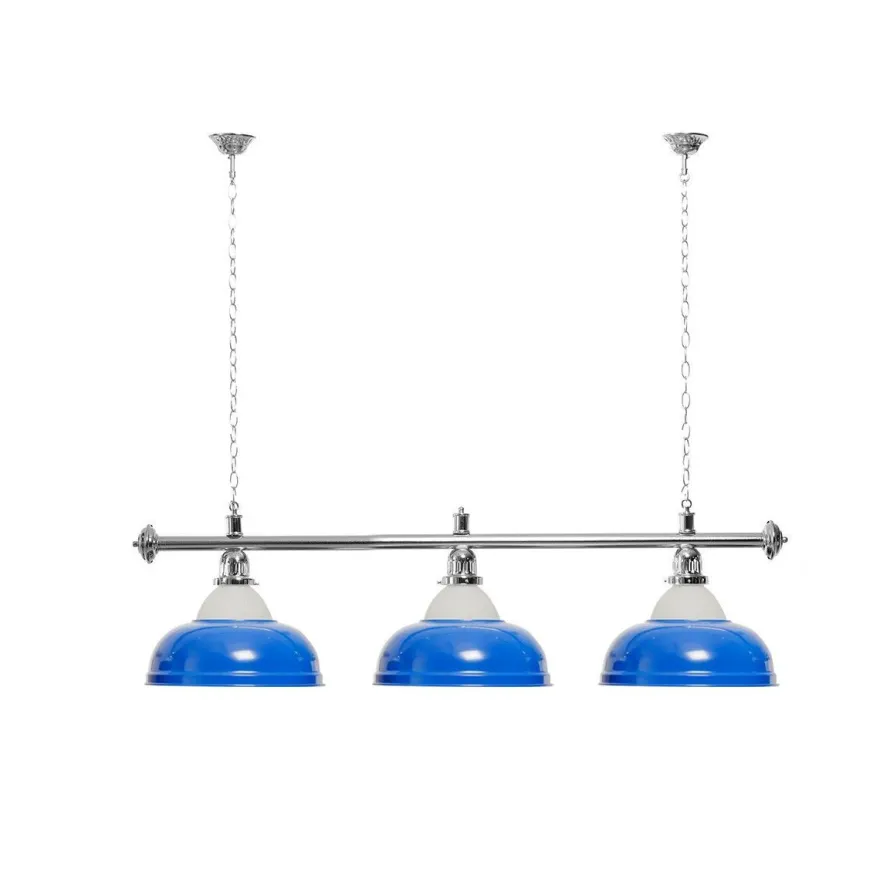 Billard Lampe 3 Schirme blau mit Glas / silberfarbene Halterung