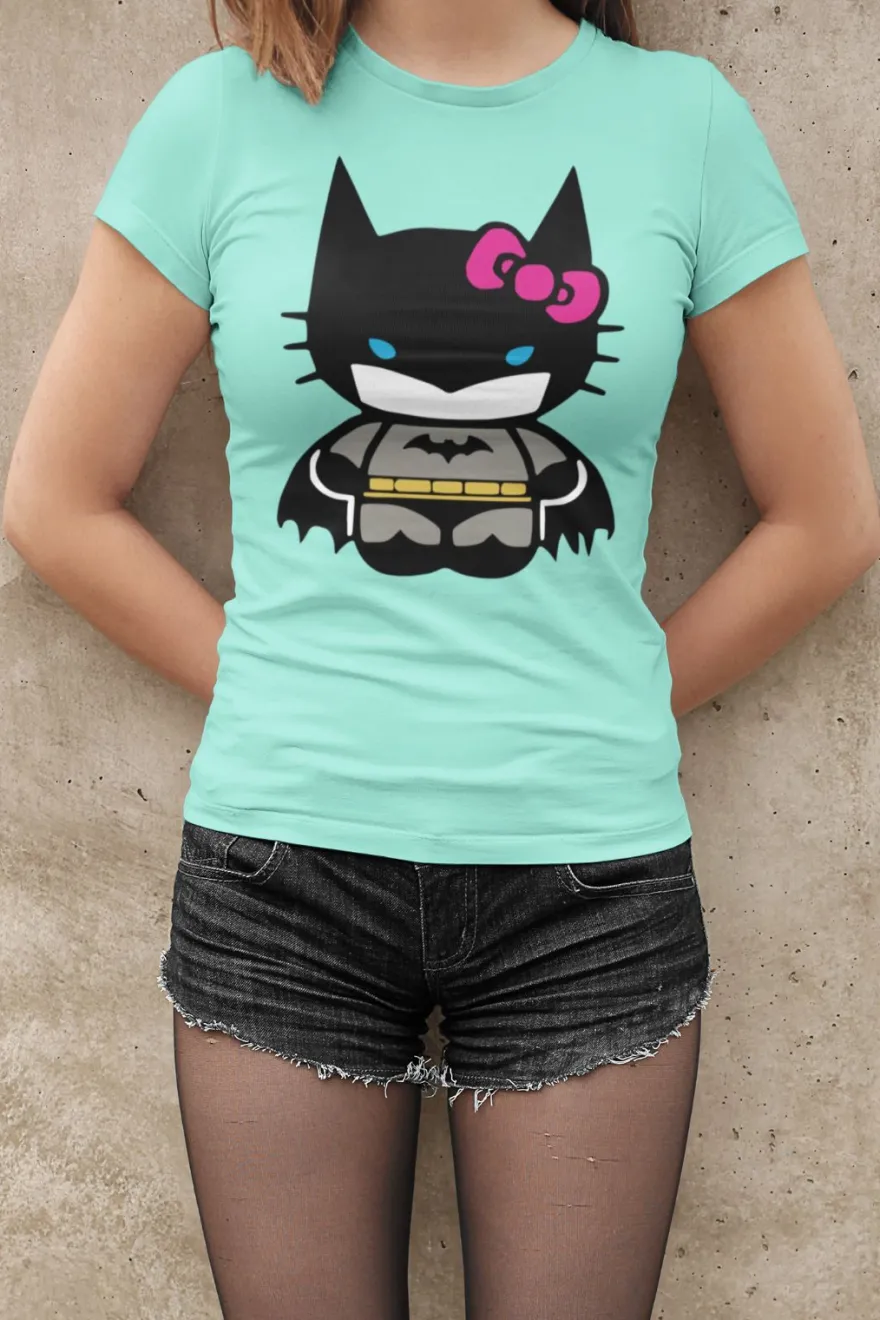 Bio Baumwolle Damen T-Shirt Hello Kitty Batman Süße Katze Cute Cat Japan Hero