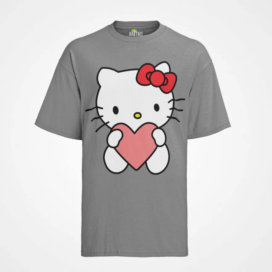 Bio Baumwolle Damen T-Shirt Oversize Hello Kitty Hallo Herz Katze Süße Katze