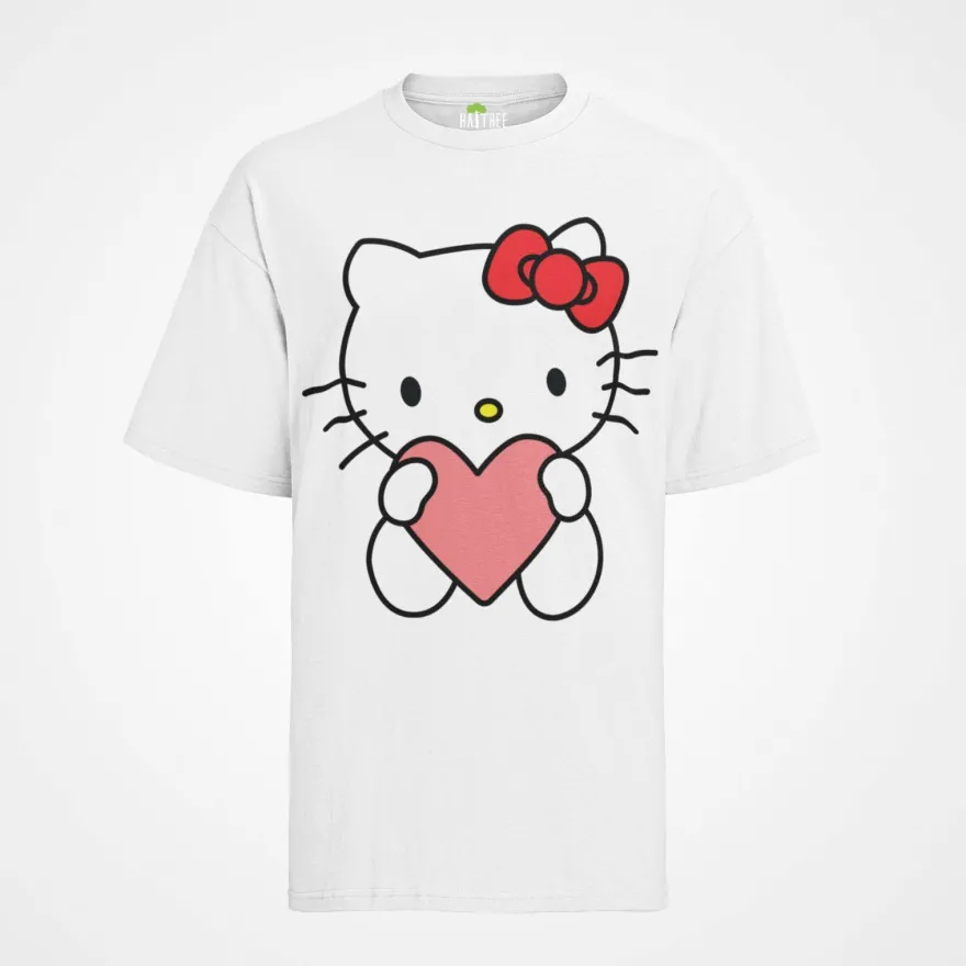 Bio Baumwolle Damen T-Shirt Oversize Hello Kitty Hallo Herz Katze Süße Katze