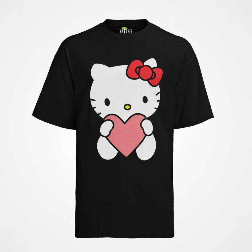 Bio Baumwolle Damen T-Shirt Oversize Hello Kitty Hallo Herz Katze Süße Katze