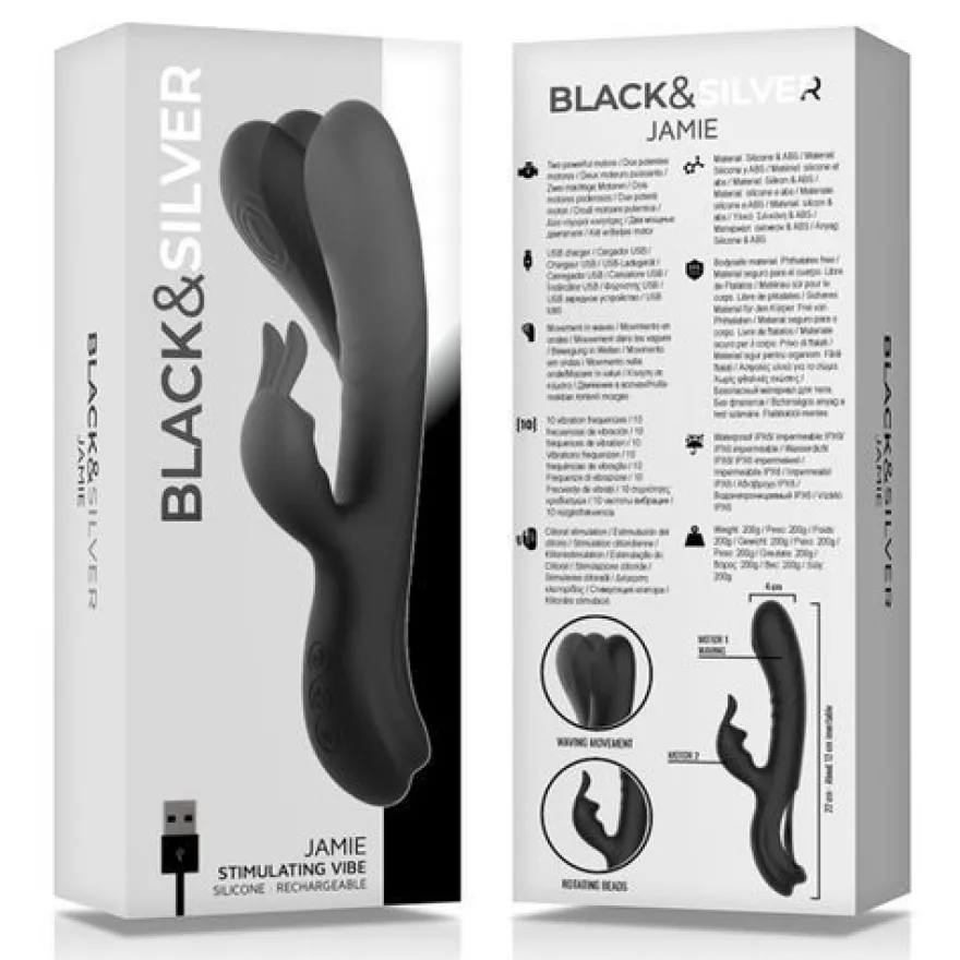 BLACK&SILVER - JAMIE Wiederaufladbarer Silikon-kaninchenstimulator Schwarz