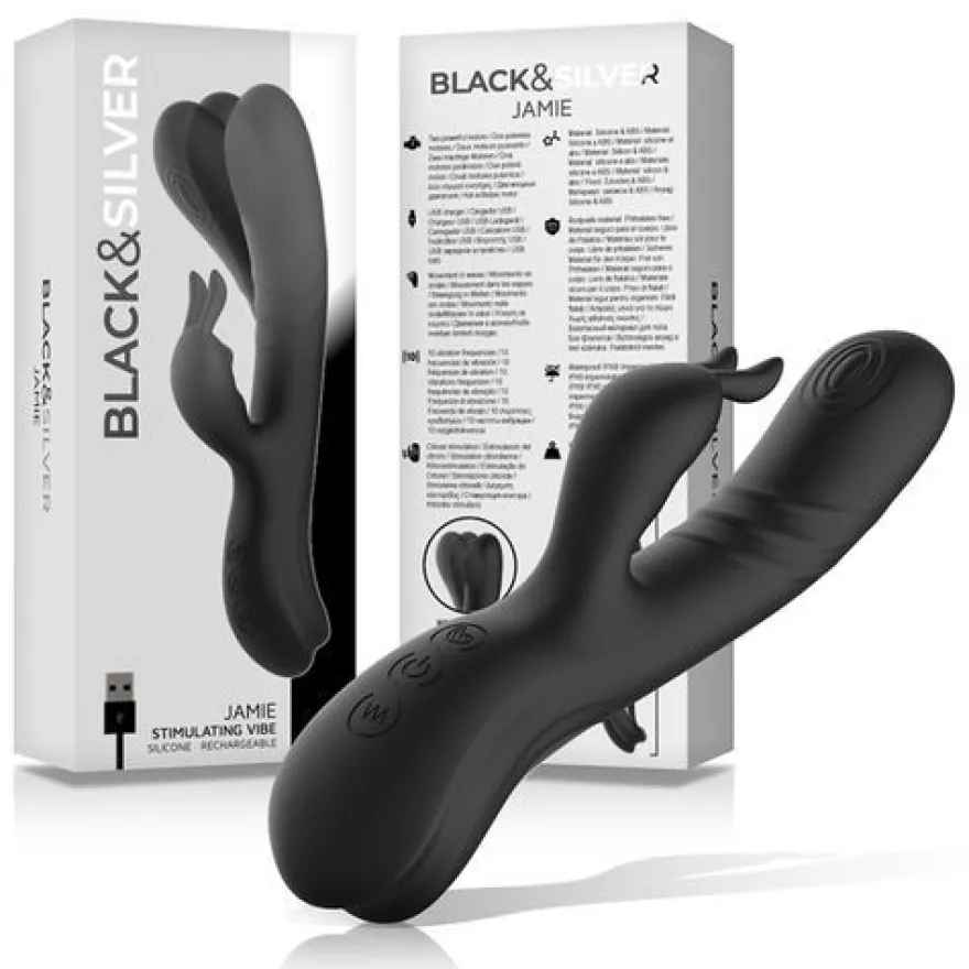BLACK&SILVER - JAMIE Wiederaufladbarer Silikon-kaninchenstimulator Schwarz