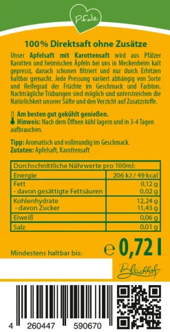 Bleichhof® Apfelsaft mit Karottensaft - Direktsaft, vegan (6x0,72l)