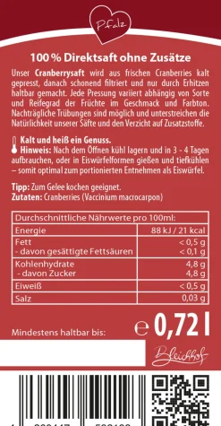 Bleichhof Cranberry-Saft - 100% Direktsaft (6x 0,72l)