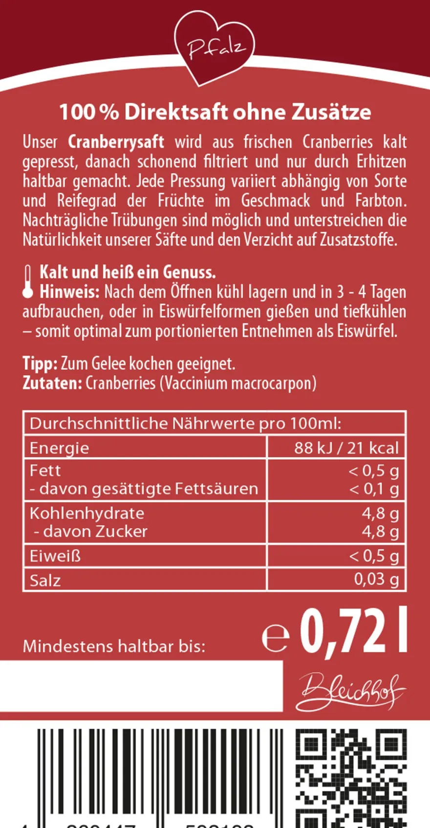 Bleichhof Cranberry-Saft - 100% Direktsaft (6x 0,72l)