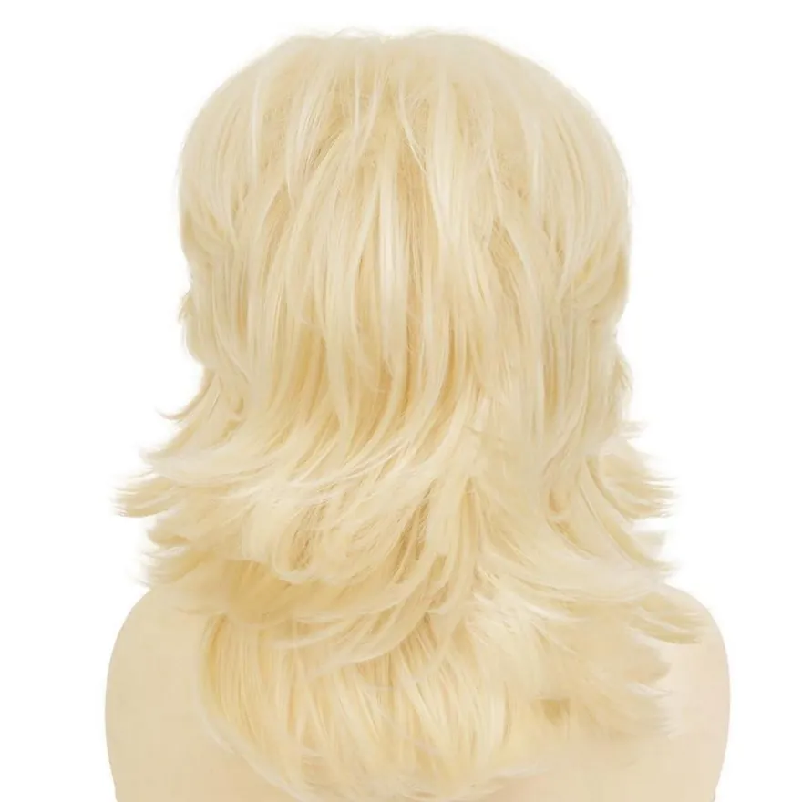 Blonde 70er 80er Lockige Schulterlange Shaggy Perücke mit Pony für Damen