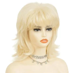 Blonde 70er 80er Lockige Schulterlange Shaggy Perücke mit Pony für Damen