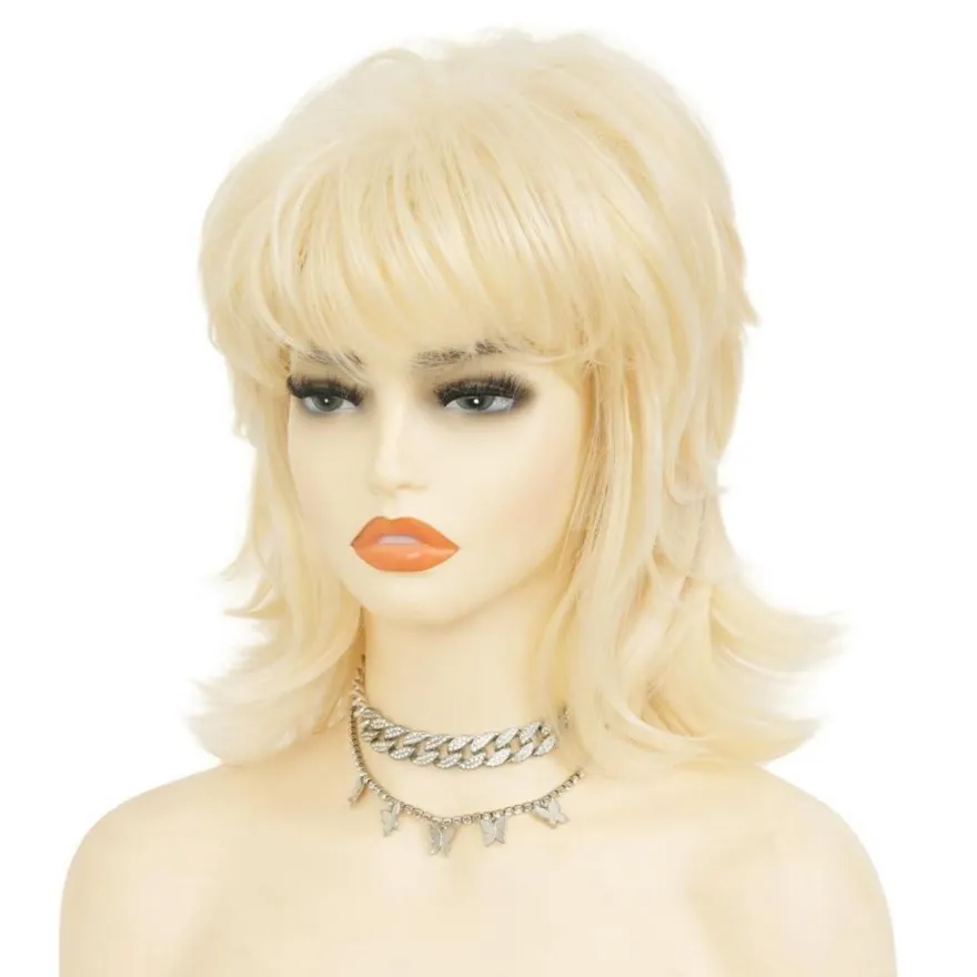 Blonde 70er 80er Lockige Schulterlange Shaggy Perücke mit Pony für Damen