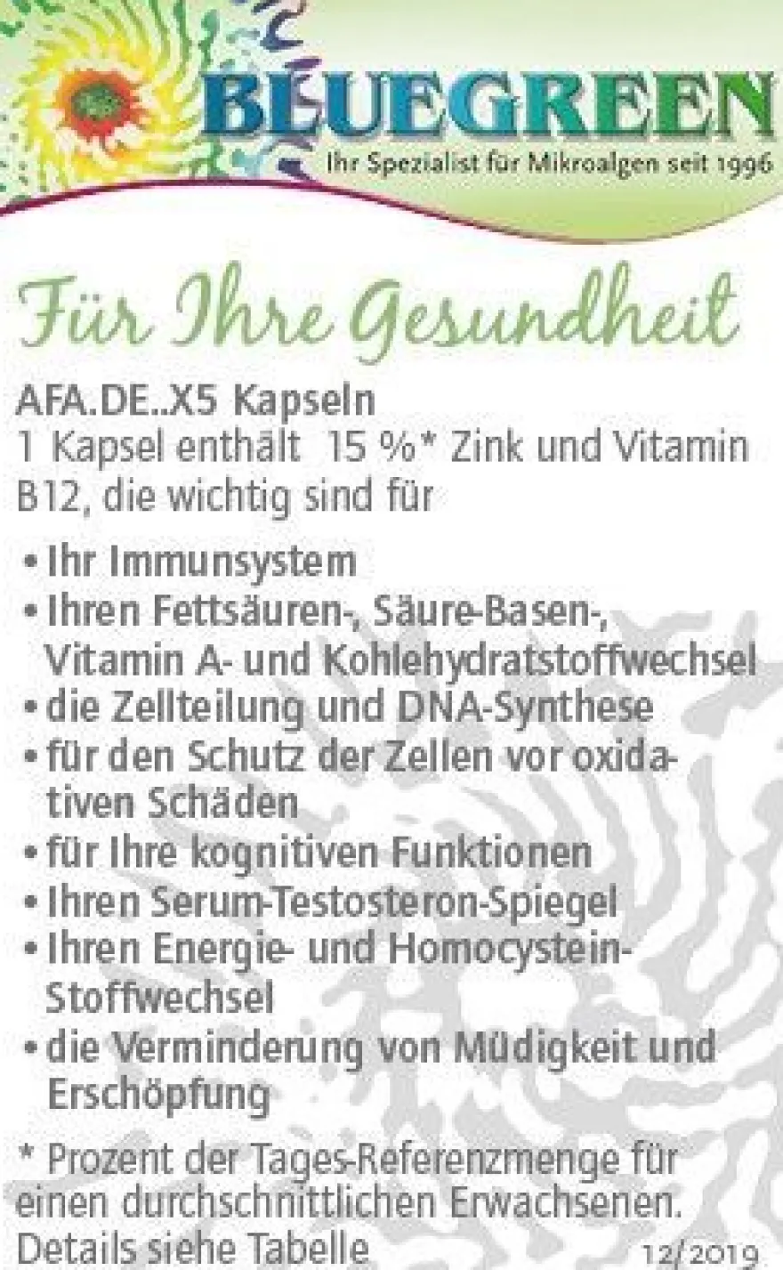 Bluegreen AFA. DE. X5 AFA-Bärlauch-Chlorella-Koriander-Spirulina 30g, ca.60 Kapseln