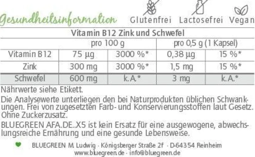 Bluegreen AFA. DE. X5 AFA-Bärlauch-Chlorella-Koriander-Spirulina 30g, ca.60 Kapseln