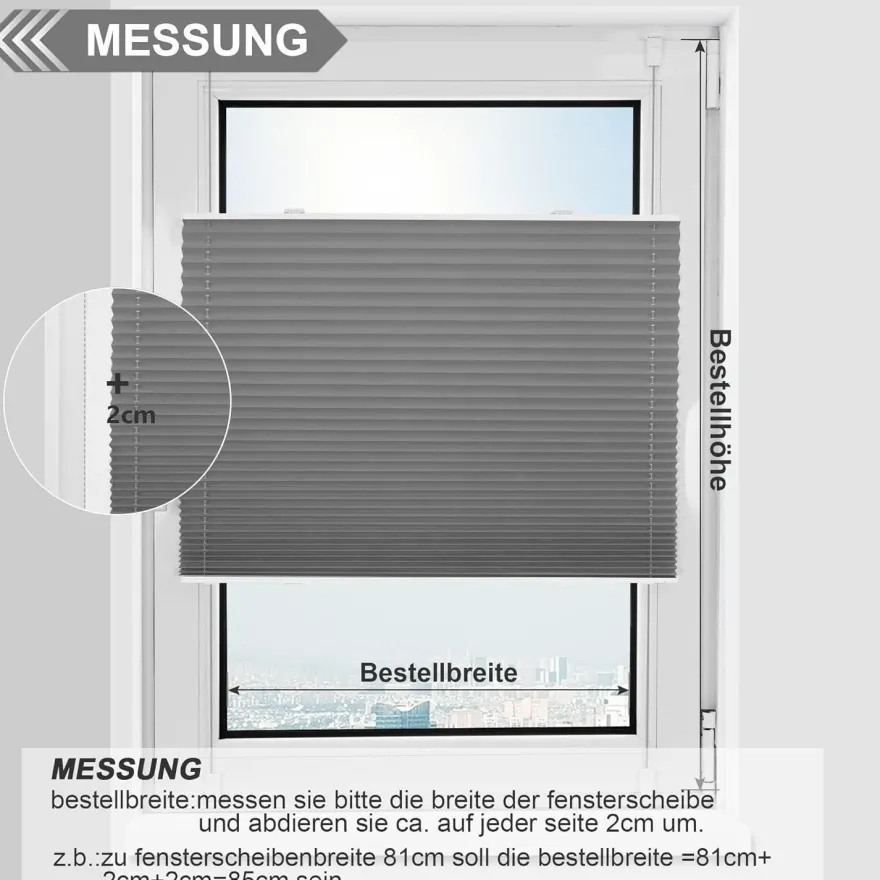 bobodeco Plissee ohne Bohren Verdunkelung Klemmfix Grau 65x200 cm, Thermo