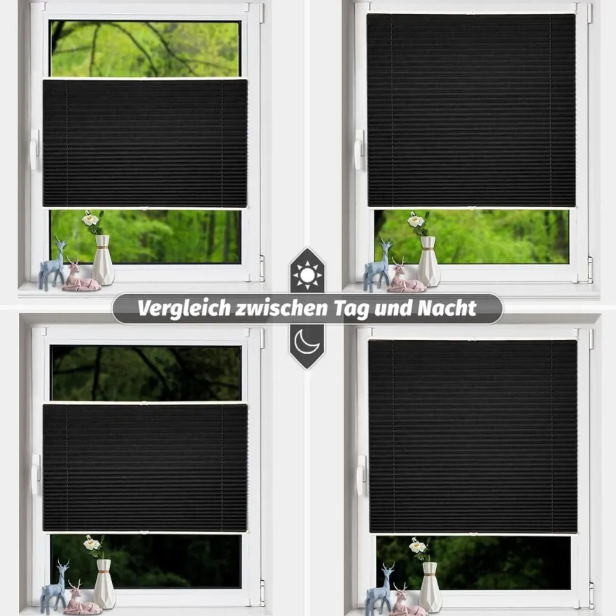 bobodeco Plissee ohne Bohren Verdunkelung Klemmfix Schwarz 90x120 cm Thermo