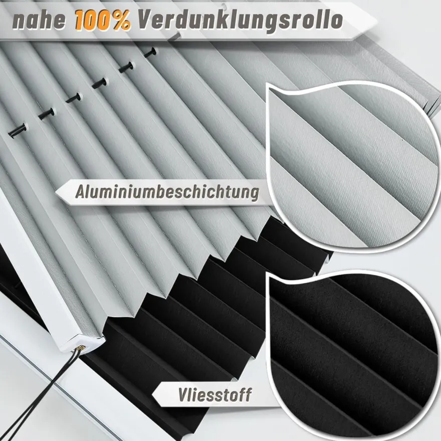 bobodeco Plissee ohne Bohren Verdunkelung Klemmfix Schwarz 90x120 cm Thermo