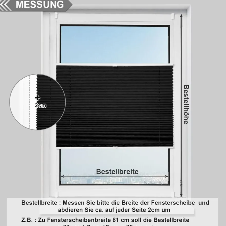 bobodeco Plissee ohne Bohren Verdunkelung Klemmfix Schwarz 90x120 cm Thermo
