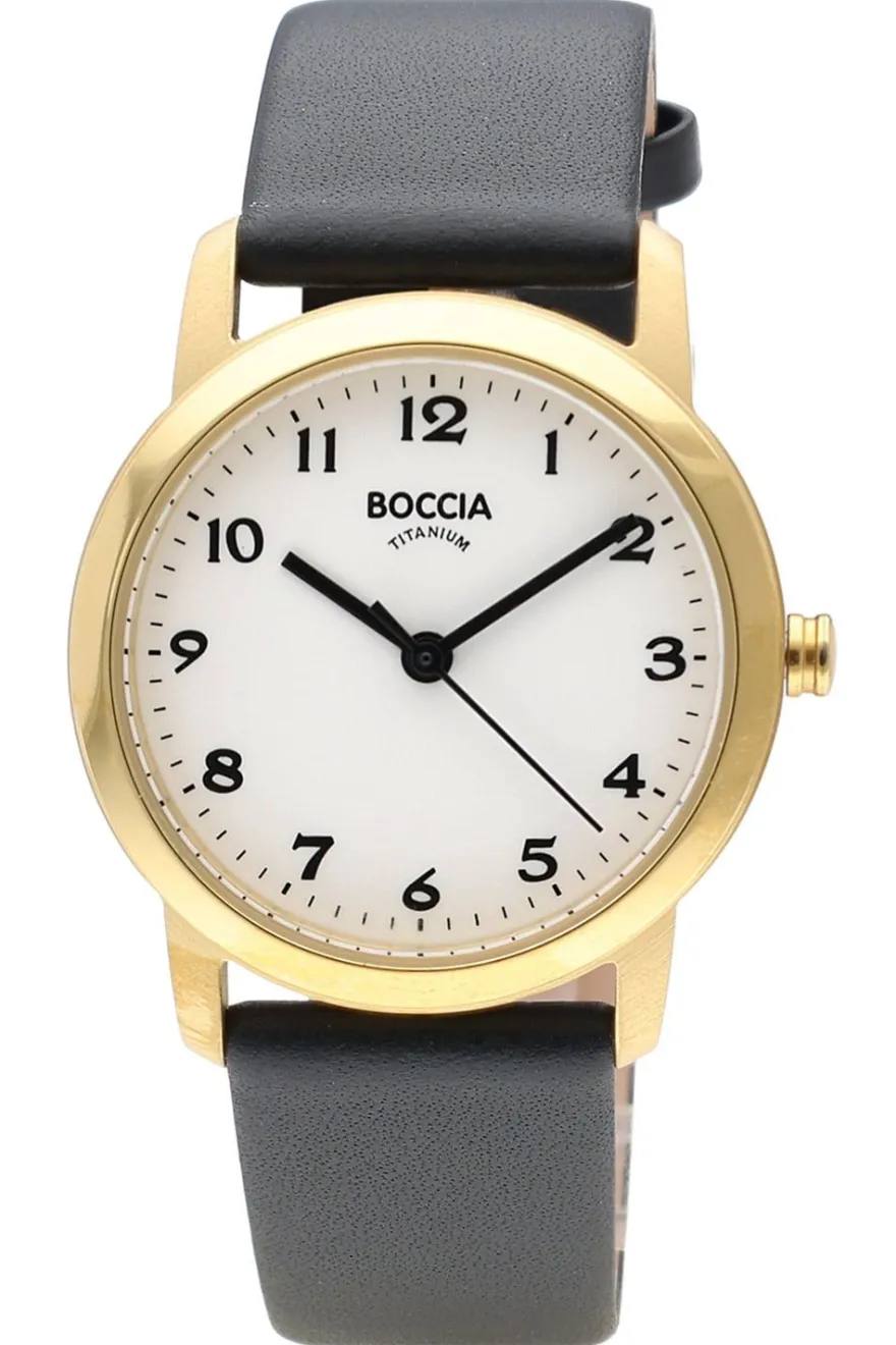 Boccia Damen-Armbanduhr mit Lederband Schwarz/Goldfarben 3291-04