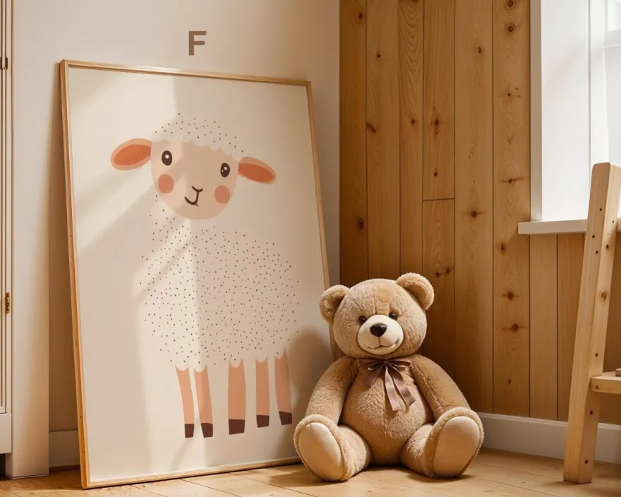 Boho Babyzimmer Poster · Giraffe, Löwe, Bär, Biene, Schwein, Schaf · Niedlich