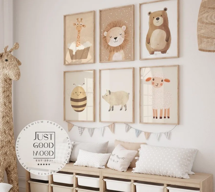 Boho Babyzimmer Poster · Giraffe, Löwe, Bär, Biene, Schwein, Schaf · Niedlich