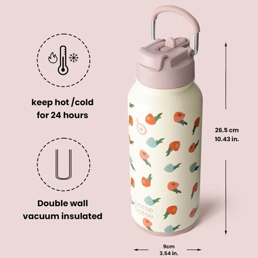 BOTTLE BOTTLE Edelstahl Trinkflasche 1L mit Strohhalm - Isolierflasche mit