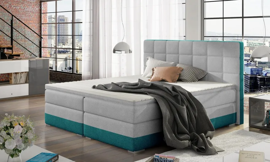 Boxspringbett Bett PRATO Polyesterstoff Hellgrau/ Türkis 160x200cm