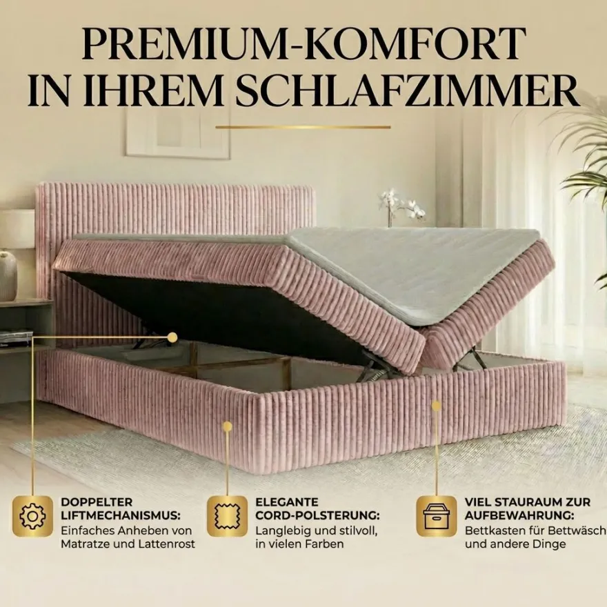 Boxspringbett RALF mit Bettkasten und Topper H2/H3/H4 - Doppelbett in vielen Größen