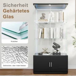 Bpkadhy Glasvitrine mit LED Beleuchtung, 2 Türen und 3 Etagen, Schwarz