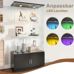 Bpkadhy Glasvitrine mit LED Beleuchtung, 2 Türen und 3 Etagen, Schwarz