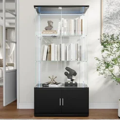 Bpkadhy Glasvitrine mit LED Beleuchtung, 2 Türen und 3 Etagen, Schwarz