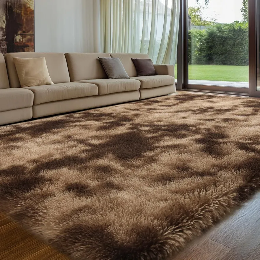 Brauner Hochflor-Teppich 140x200cm Wohnzimmer Schlafzimmer Kinderzimmer