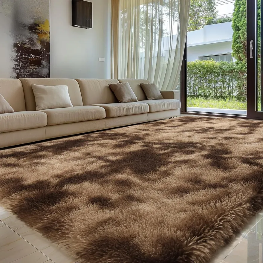 Brauner Hochflor-Teppich 140x200cm Wohnzimmer Schlafzimmer Kinderzimmer