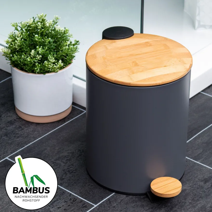 bremermann Mülleimer mit Bambus-Deckel, Bad-Abfalleimer mit Soft-Close 5 l, grau