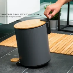 bremermann Mülleimer mit Bambus-Deckel, Bad-Abfalleimer mit Soft-Close 5 l, grau