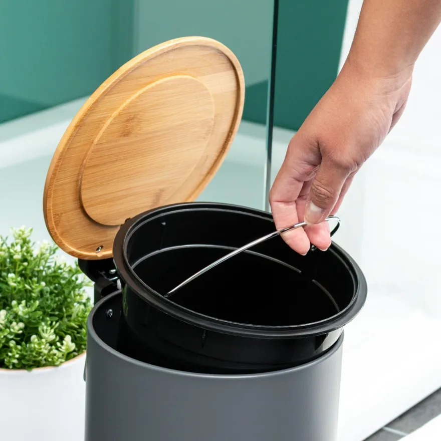 bremermann Mülleimer mit Bambus-Deckel, Bad-Abfalleimer mit Soft-Close 5 l, grau