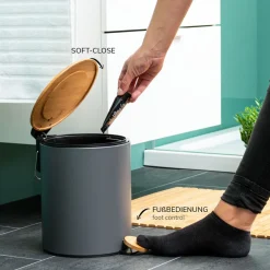 bremermann Mülleimer mit Bambus-Deckel, Bad-Abfalleimer mit Soft-Close 5 l, grau