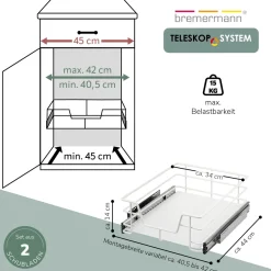 bremermann Teleskopschubladen 2er Set - für 45 cm Schrank, aus Metall (Weiß)