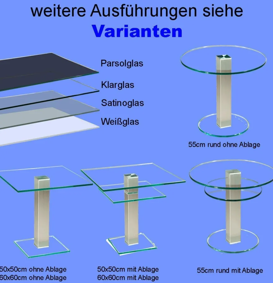 BRI-B1H Beistelltisch rund/ quadratisch Glas 50cm Höhe Säule echt Edelstahl ab Werk