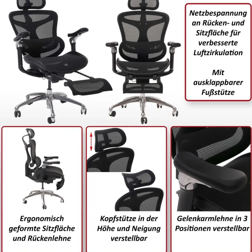 Bürostuhl HWC-N54, Drehstuhl, ergonomisch, Lordosenstütze Fußstütze