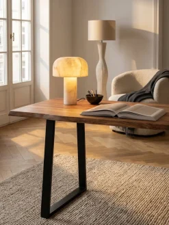 Bürotisch TARN Akazie Massivholz Baumkante Trapezbeine schwarz 120-200 cm breit