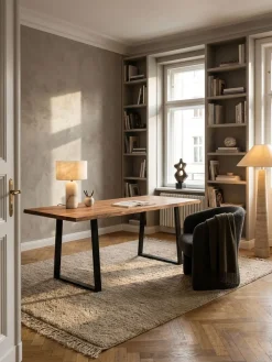 Bürotisch TARN Akazie Massivholz Baumkante Trapezbeine schwarz 120-200 cm breit