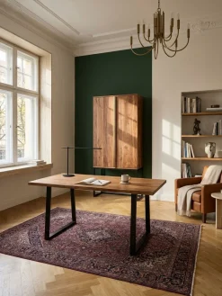 Bürotisch TARN Akazie Massivholz Baumkante Trapezbeine schwarz 120-200 cm breit