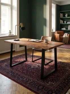 Bürotisch TARN Akazie Massivholz Baumkante Trapezbeine schwarz 120-200 cm breit