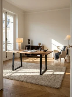 Bürotisch TARN Akazie Massivholz Baumkante Trapezbeine schwarz 120-200 cm breit