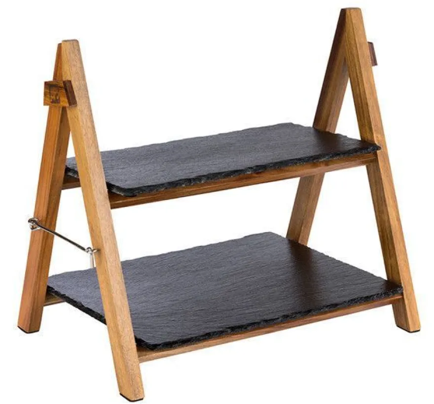 Buffetgestell Buffetleiter Etagere Serviergestell aus Schiefer und Akazienholz