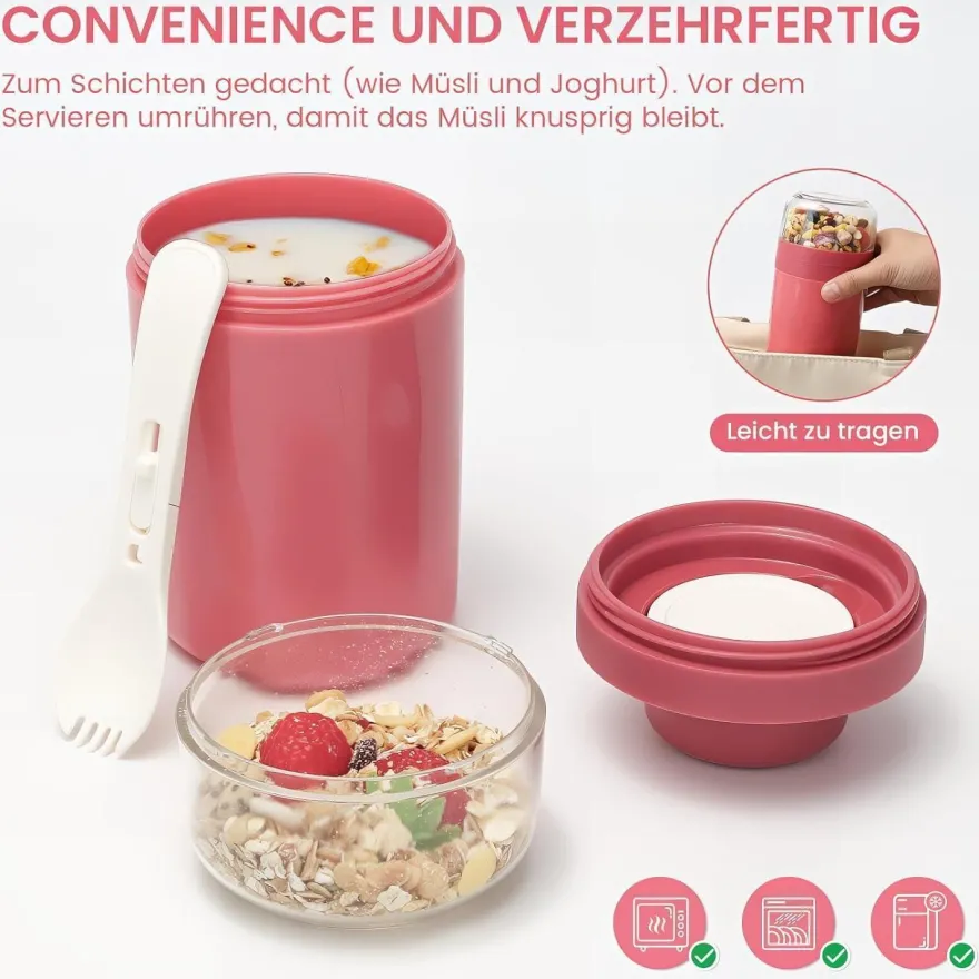 Bugucat Müslibecher to Go 520ML+250ML, Joghurtbecher mit Löffel und Soßenbox