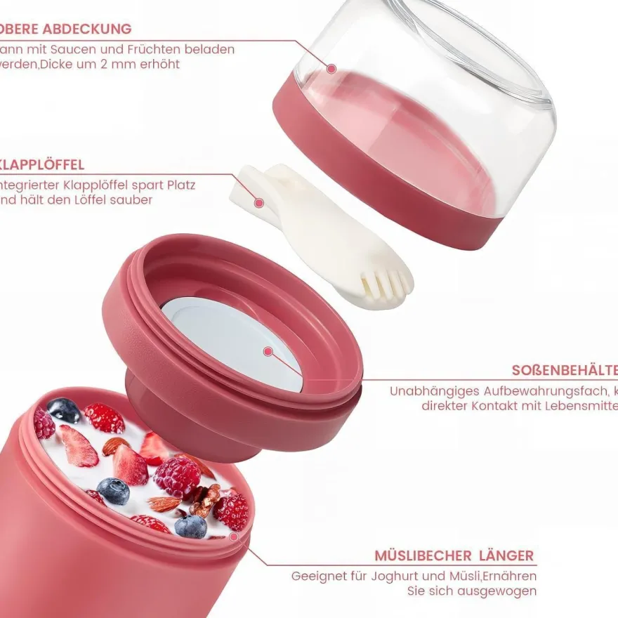 Bugucat Müslibecher to Go 520ML+250ML, Joghurtbecher mit Löffel und Soßenbox