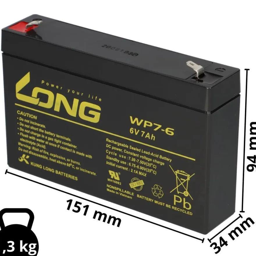 B-Ware Kung Long WP7-6 6V 7Ah AGM Bleiakku F1 4,8mm