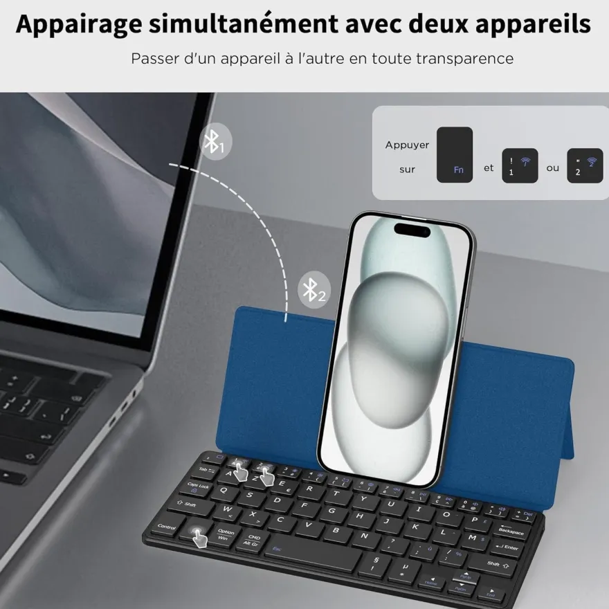 CACOE Bluetooth Tastatur mit Ständer, Mini, Ultraflach, Faltbar, Dual-Channel